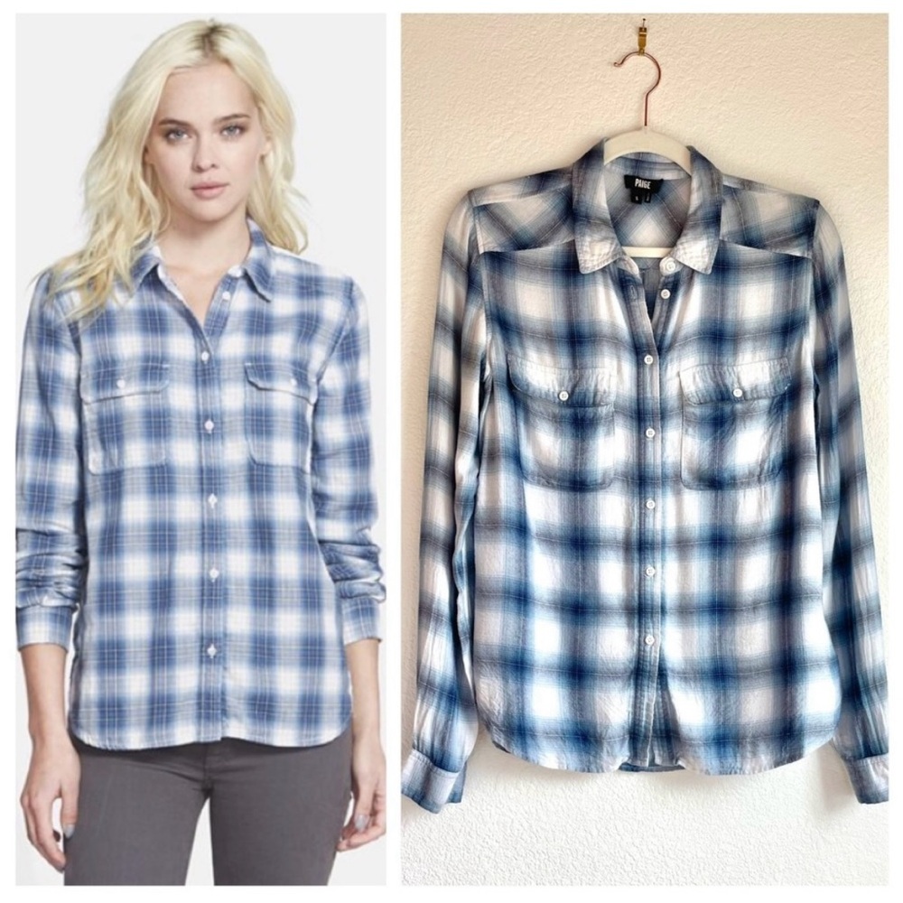 PAIGE Denim Mya Plaid Shirt in White/Blue Heather/Dark Ink Blue - Size S